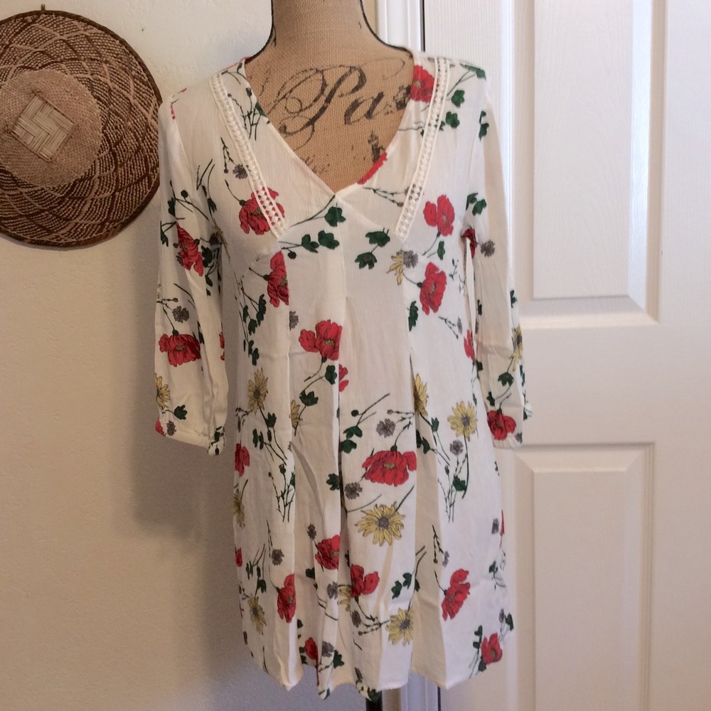 blu pepper red yellow flowers floral poppies mini size S Spring Summer dress